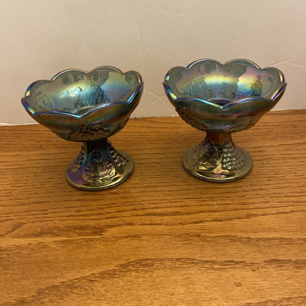 CARNIVAL GLASS IRIDESCENT BLUE INDIANA GLASS HARVEST GRAPE CANDLESTICK HOLDERS 2
